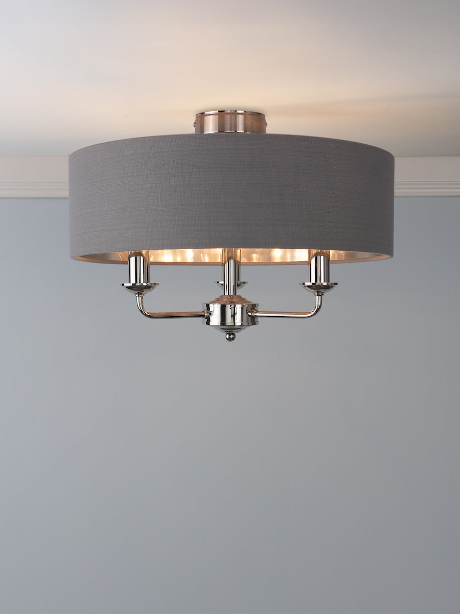 Laura Ashley Sorrento 3 Light Semi-Flush Polished Nickel With Charcoal Shade