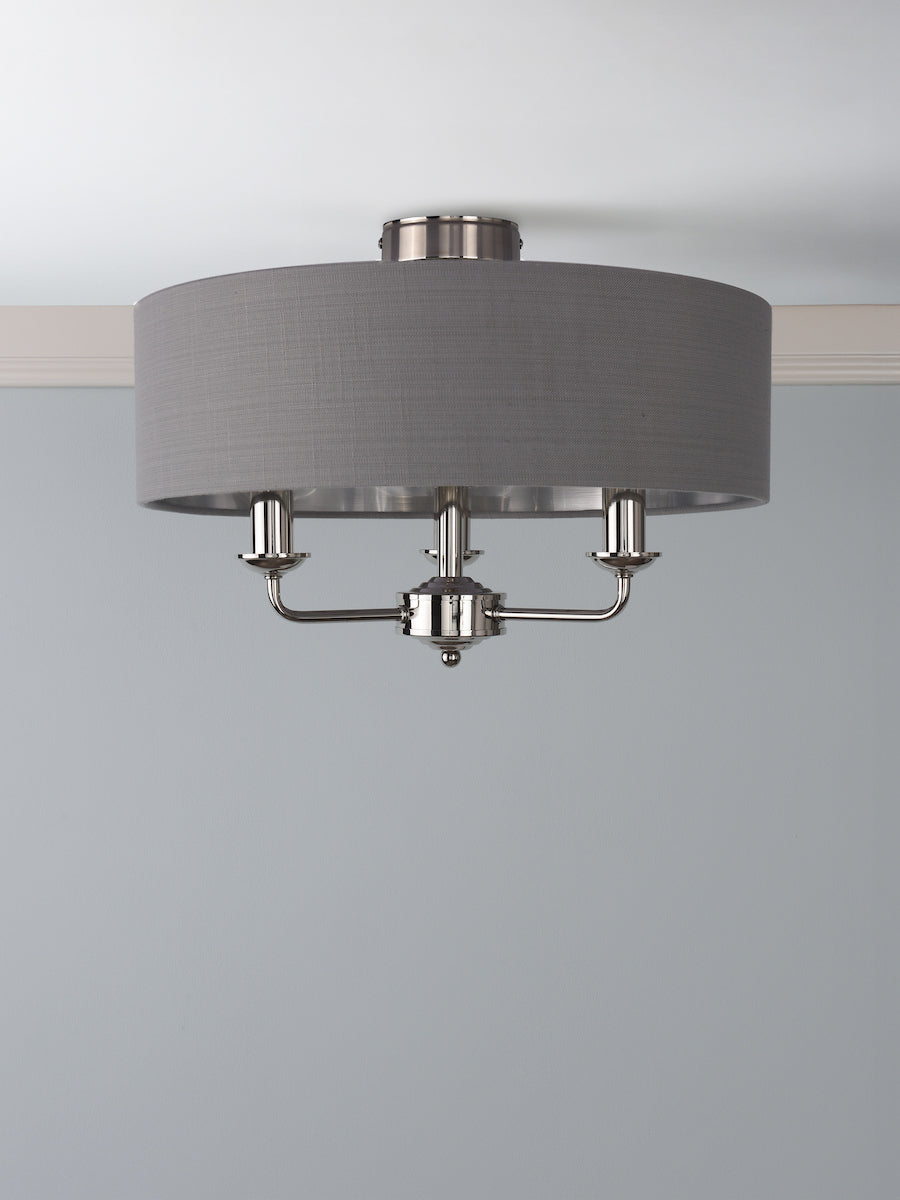 Laura Ashley Sorrento 3 Light Semi-Flush Polished Nickel With Charcoal Shade