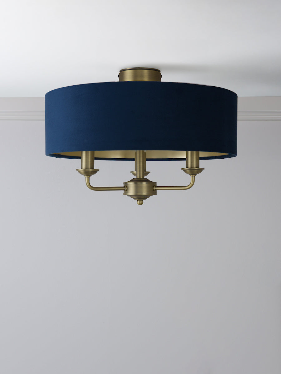 Laura Ashley Sorrento 3 Light Semi-Flush Matt Antique Brass With Blue Shade