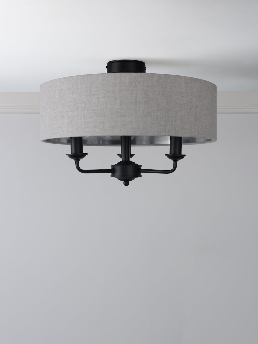 Laura Ashley Sorrento 3 Light Semi-Flush Matt Black With Natural Shade