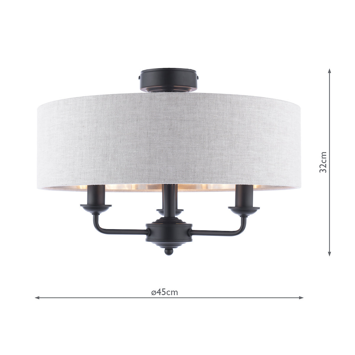 Laura Ashley Sorrento 3 Light Semi-Flush Matt Black With Natural Shade
