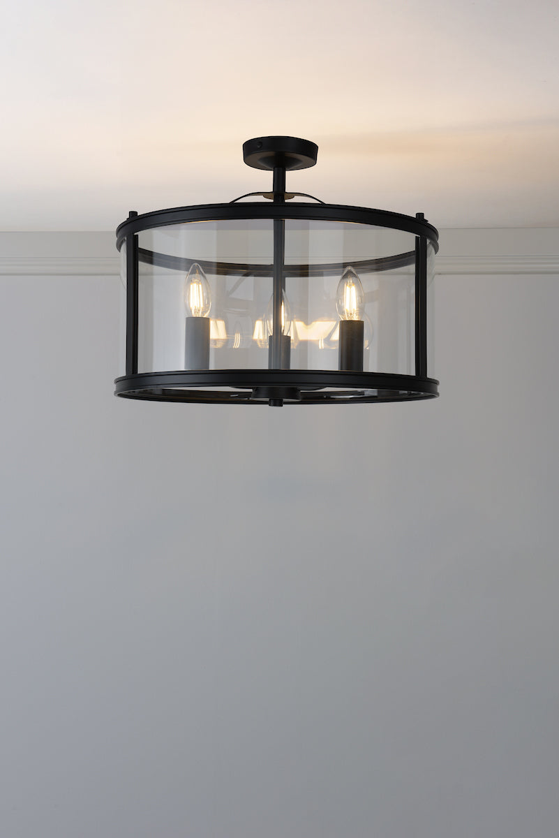 Laura Ashley Harrington 3 Light Semi-Flush Matt Black and Glass