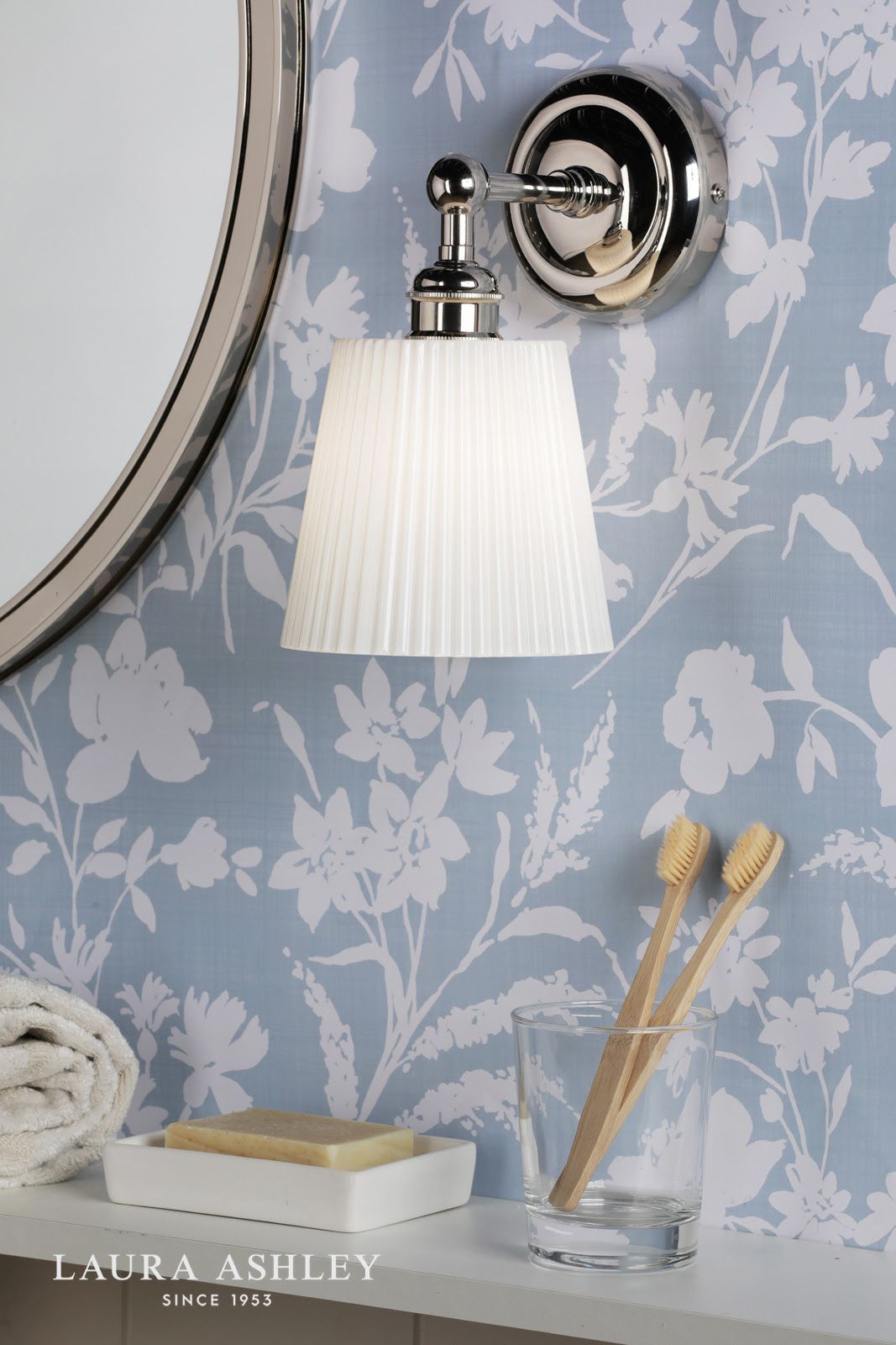 Laura Ashley Callaghan Bathroom Wall Light Polished Nickel and White Ribbed Glass IP44