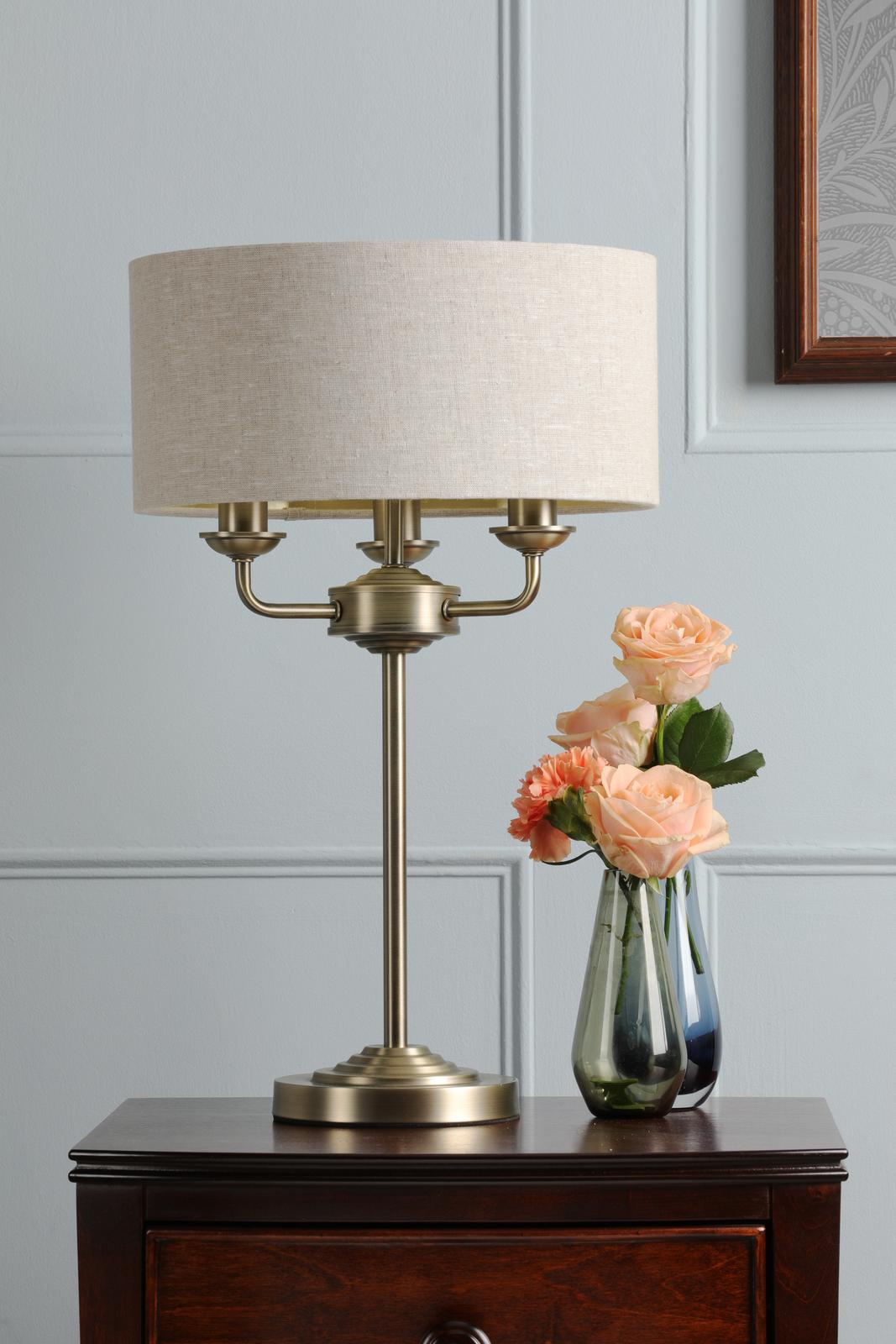 Laura Ashley Sorrento 3 Light Table Lamp Matt Antique Brass With Natural Shade
