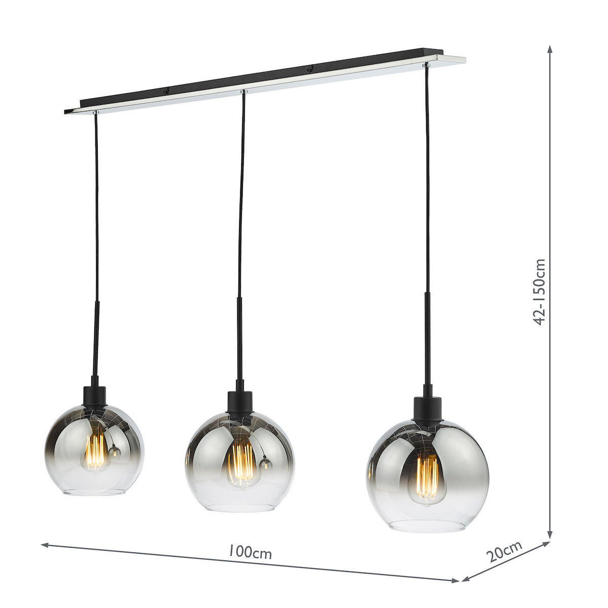 LYCIA 3LT BAR PENDANT BLACK MIRROR OMBRE GLASS