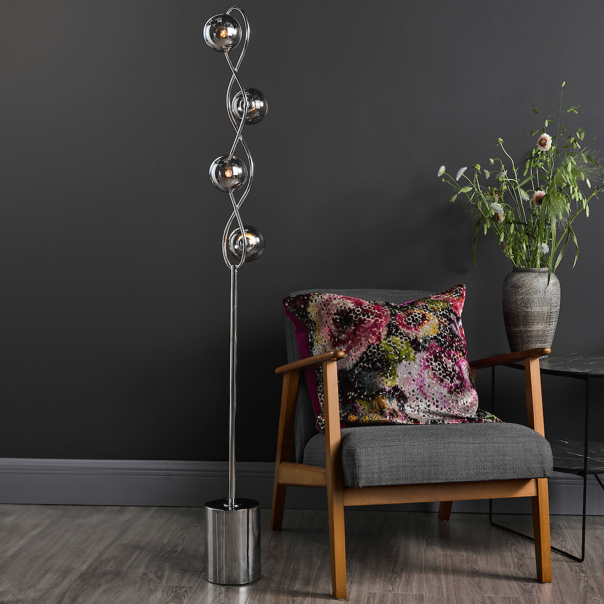 LYSANDRA 4LT FLOOR LAMP POL CHR CW SMOKED GLS