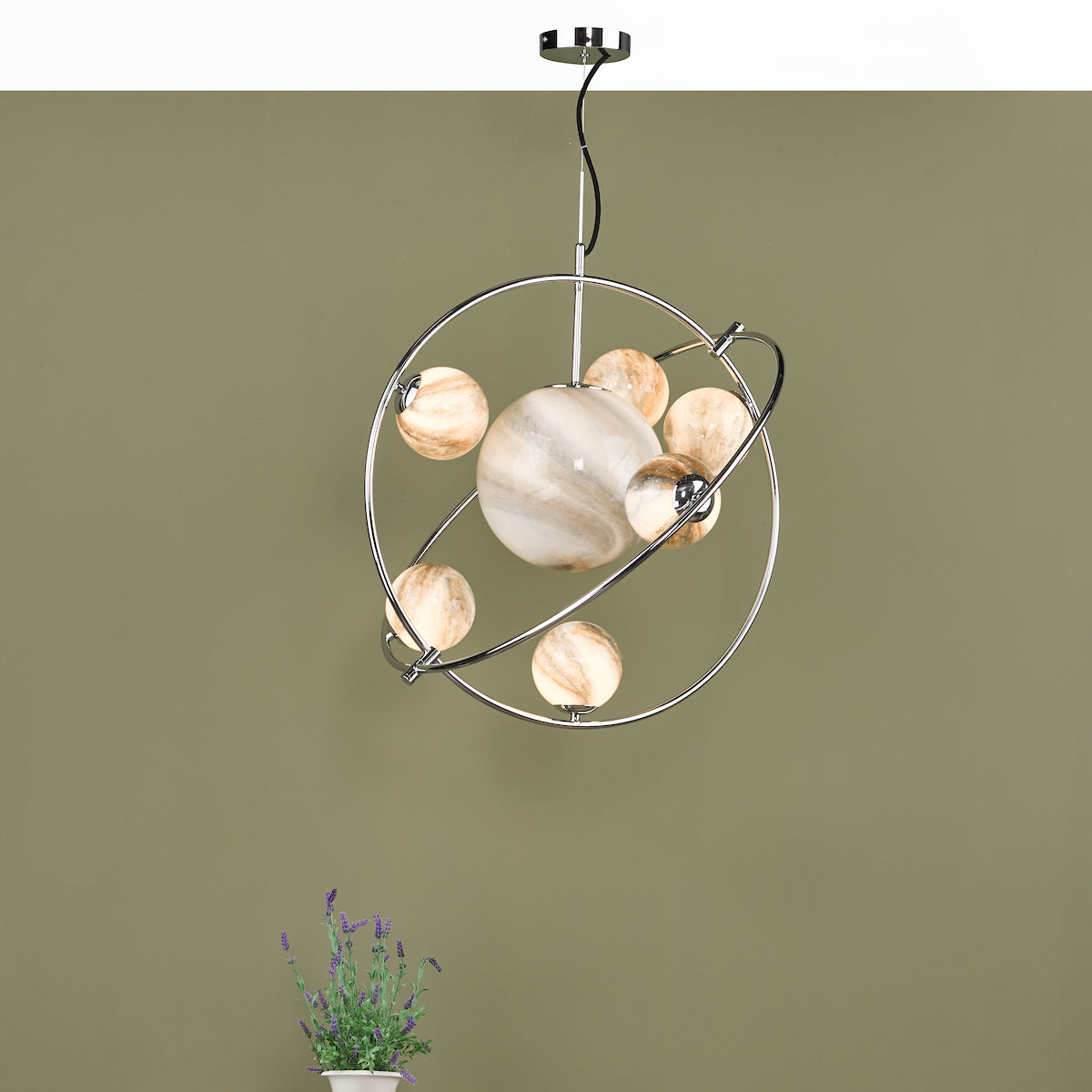 MIKARA 7LT PENDANT MARBLE EFFECT GLASS & POL CHR