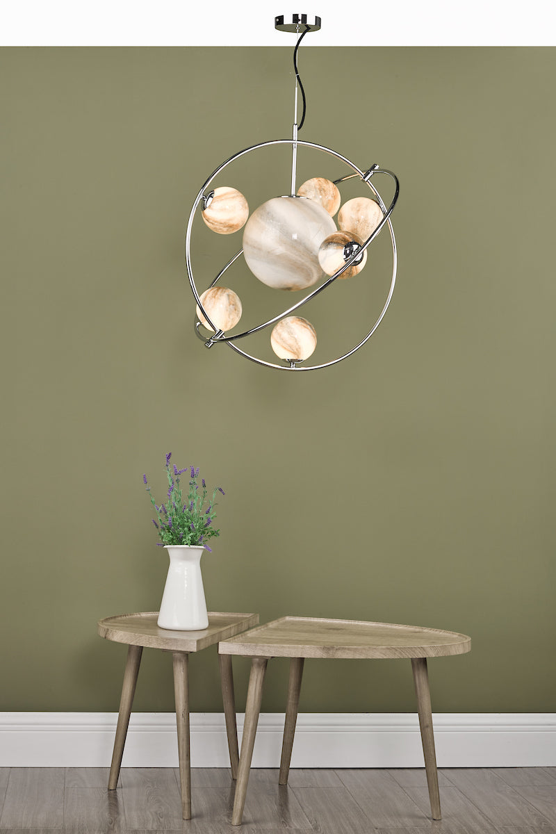 MIKARA 7LT PENDANT MARBLE EFFECT GLASS & POL CHR