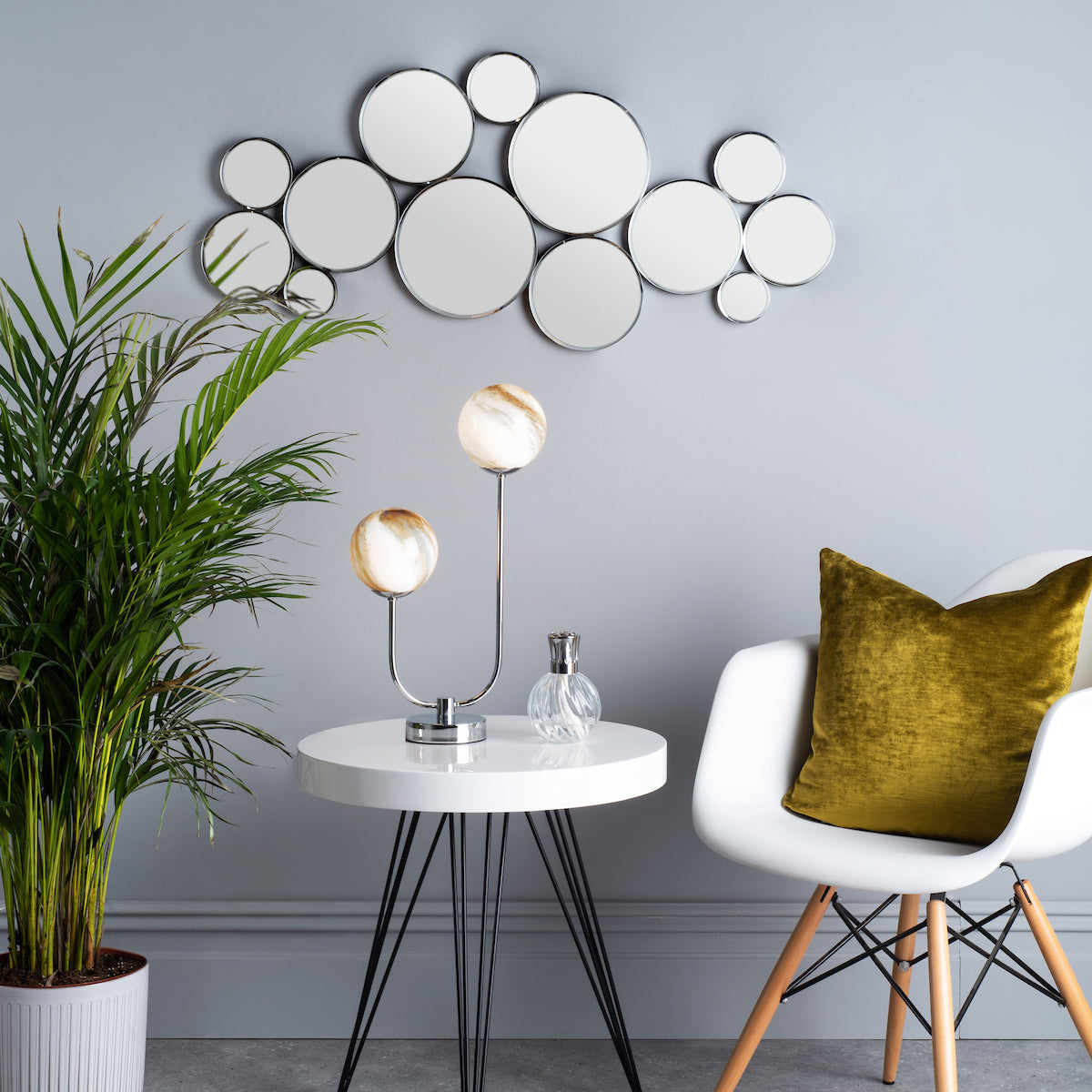MIKARA 2LT TABLE LAMP MARBLE EFFECT GLASS & POL CH
