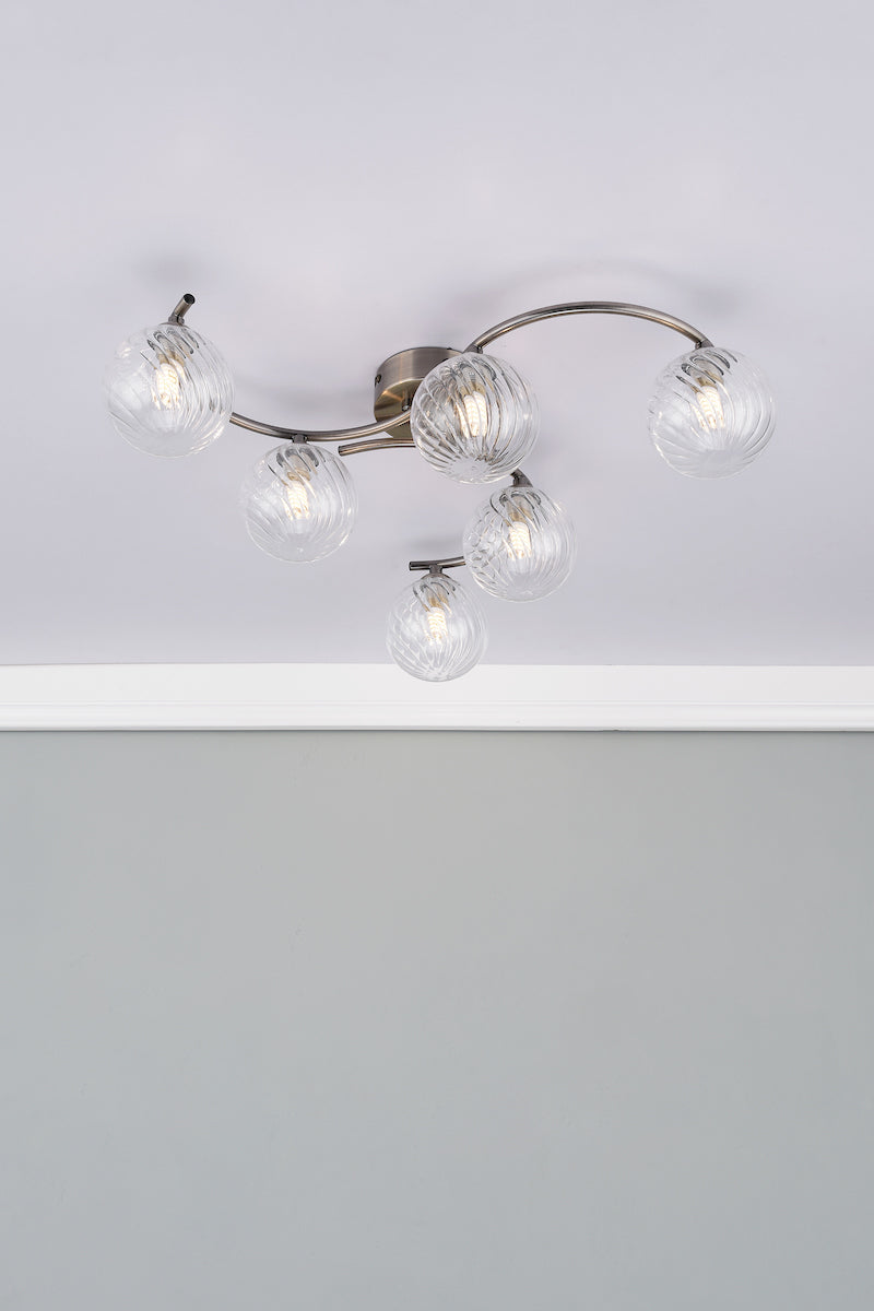 NAKITA 6LT SEMI FLUSH ANT BRA CW TWISTED BALL GLS