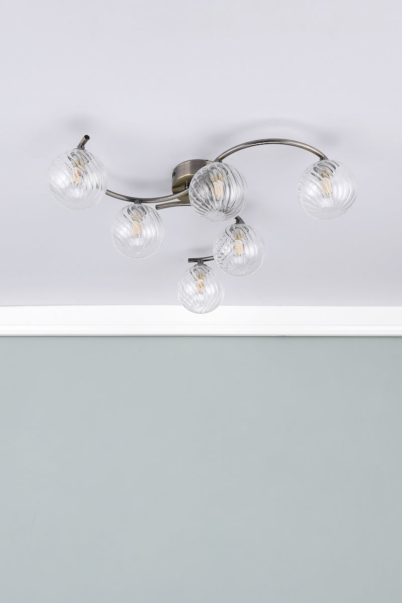 NAKITA 6LT SEMI FLUSH ANT BRA CW TWISTED BALL GLS