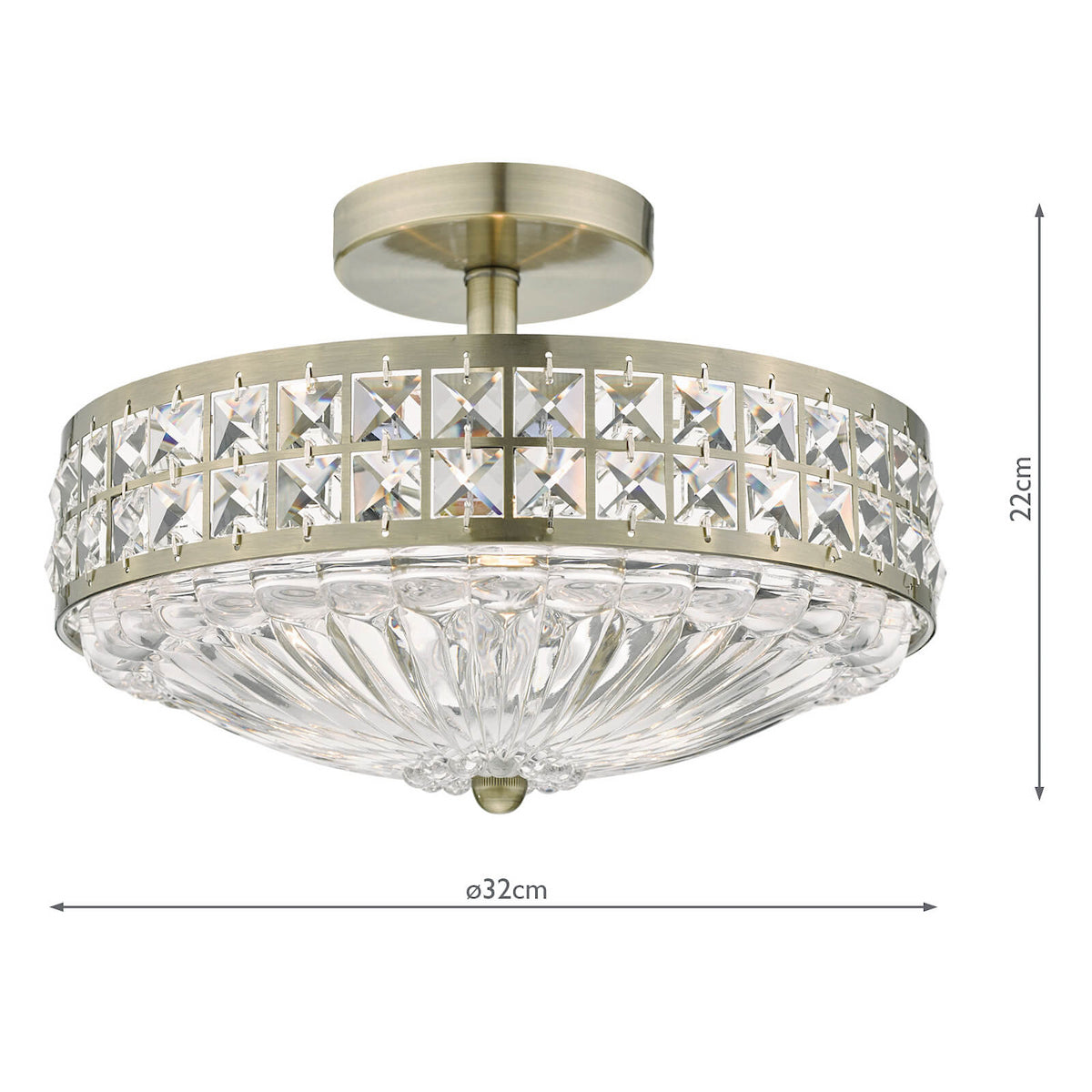OLONA 3LT SEMI FLUSH ANT BRASS CRYSTAL BEADS AND G