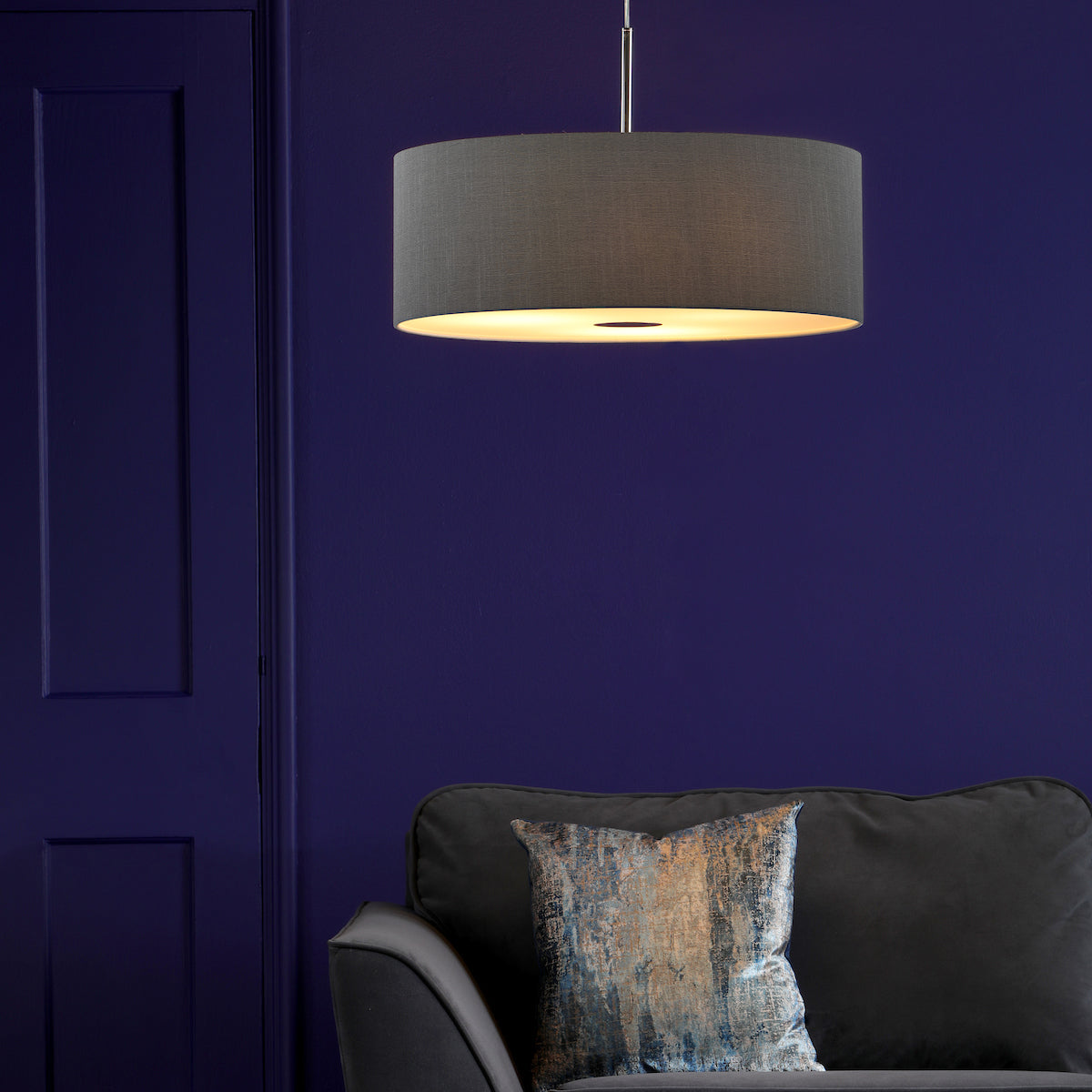 RONDA 3LT PENDANT 60CM DRUM SLATE GREY FAUX SILK