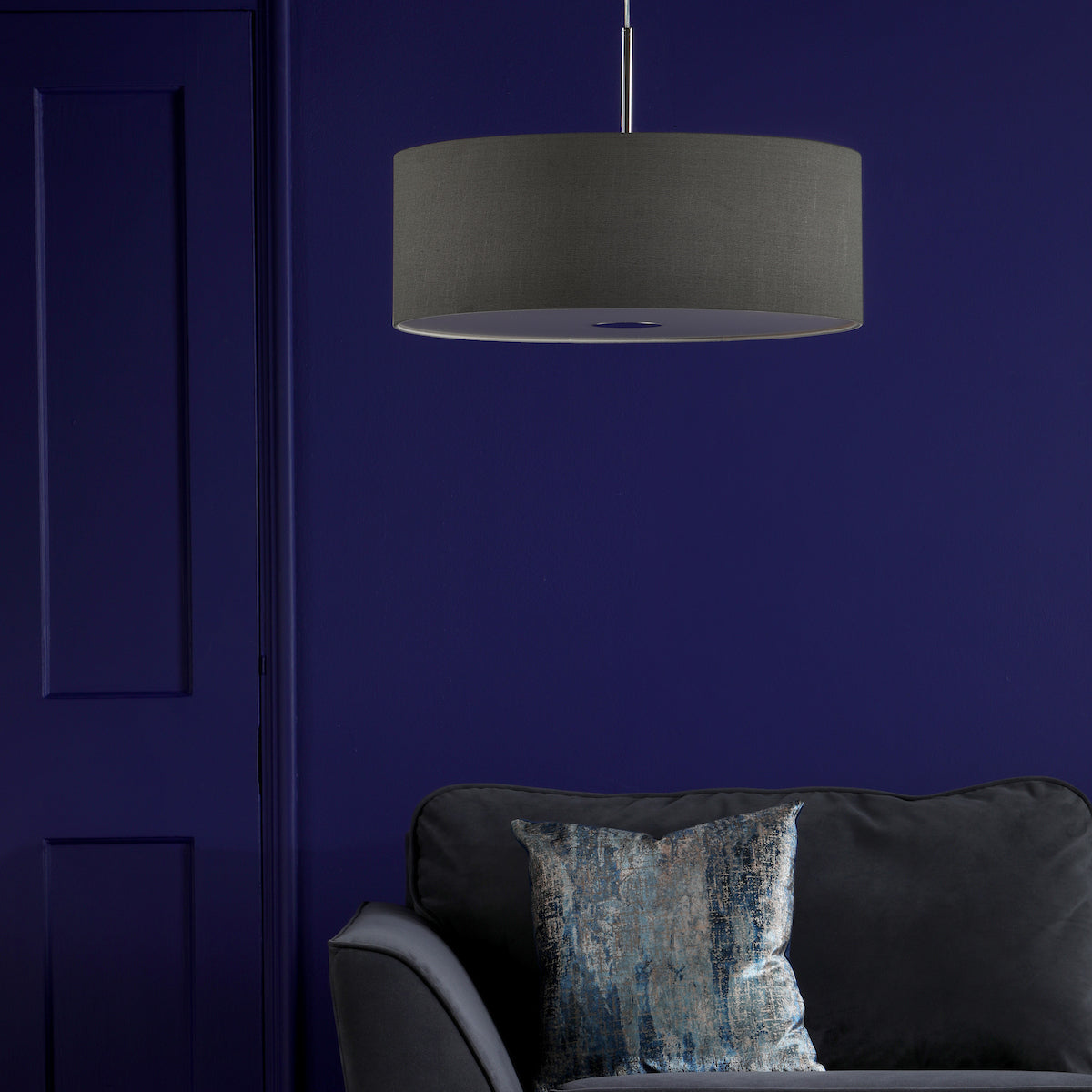 RONDA 3LT PENDANT 60CM DRUM SLATE GREY FAUX SILK