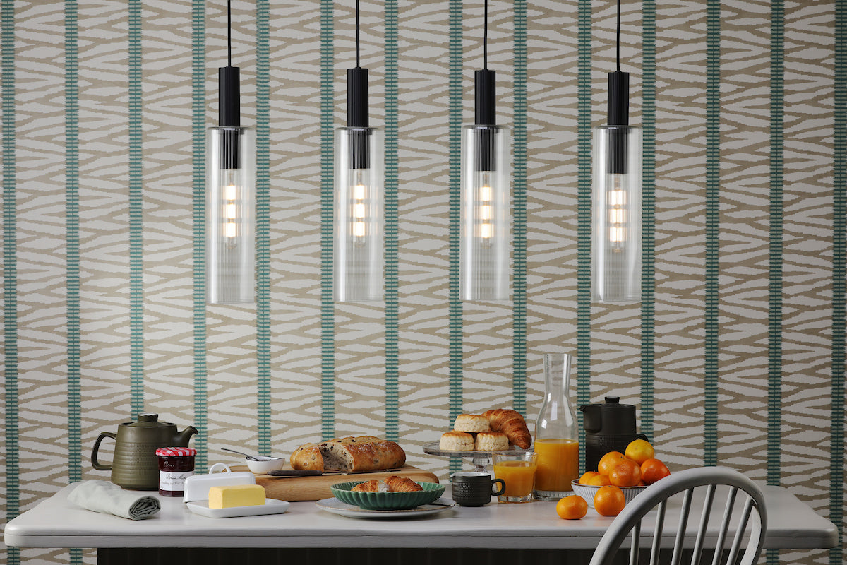 RUBEN 4LT BAR PENDANT BLACK CLEAR RIBBED GLS