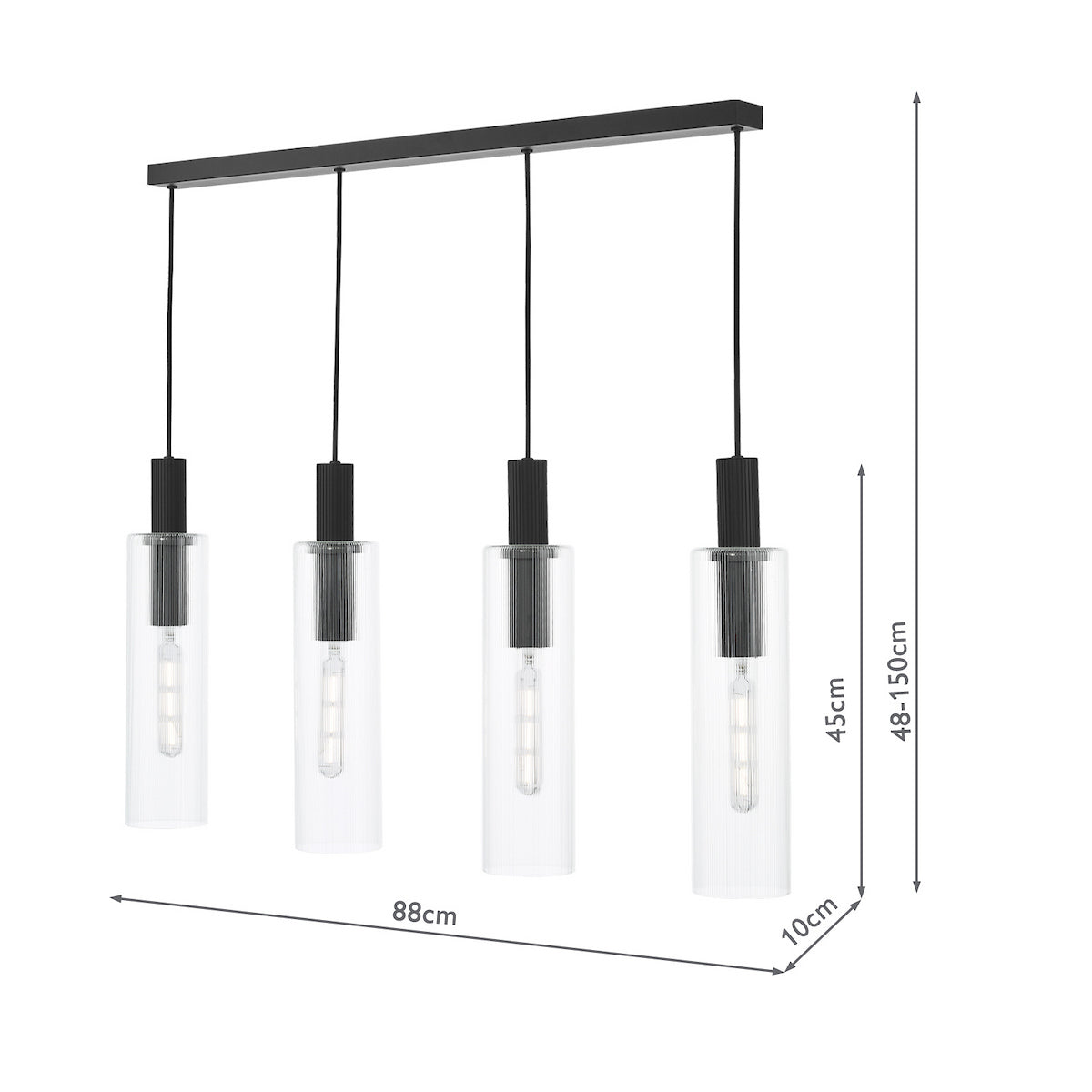 RUBEN 4LT BAR PENDANT BLACK CLEAR RIBBED GLS
