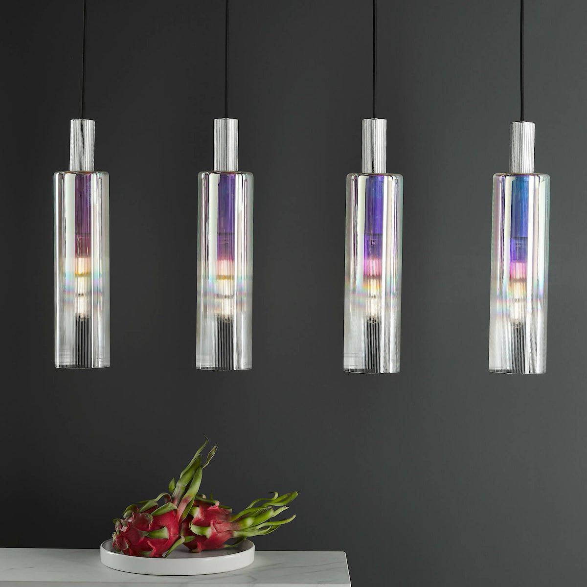 RUBEN 4LT BAR PENDANT SILVER IRIDISED RIBBED GLS