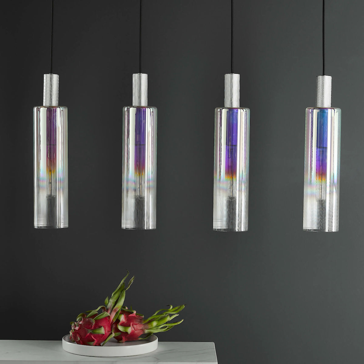 RUBEN 4LT BAR PENDANT SILVER IRIDISED RIBBED GLS