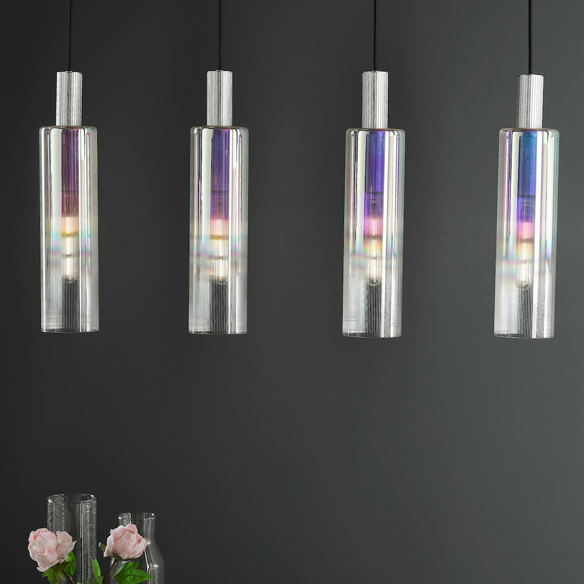 RUBEN 4LT BAR PENDANT SILVER IRIDISED RIBBED GLS