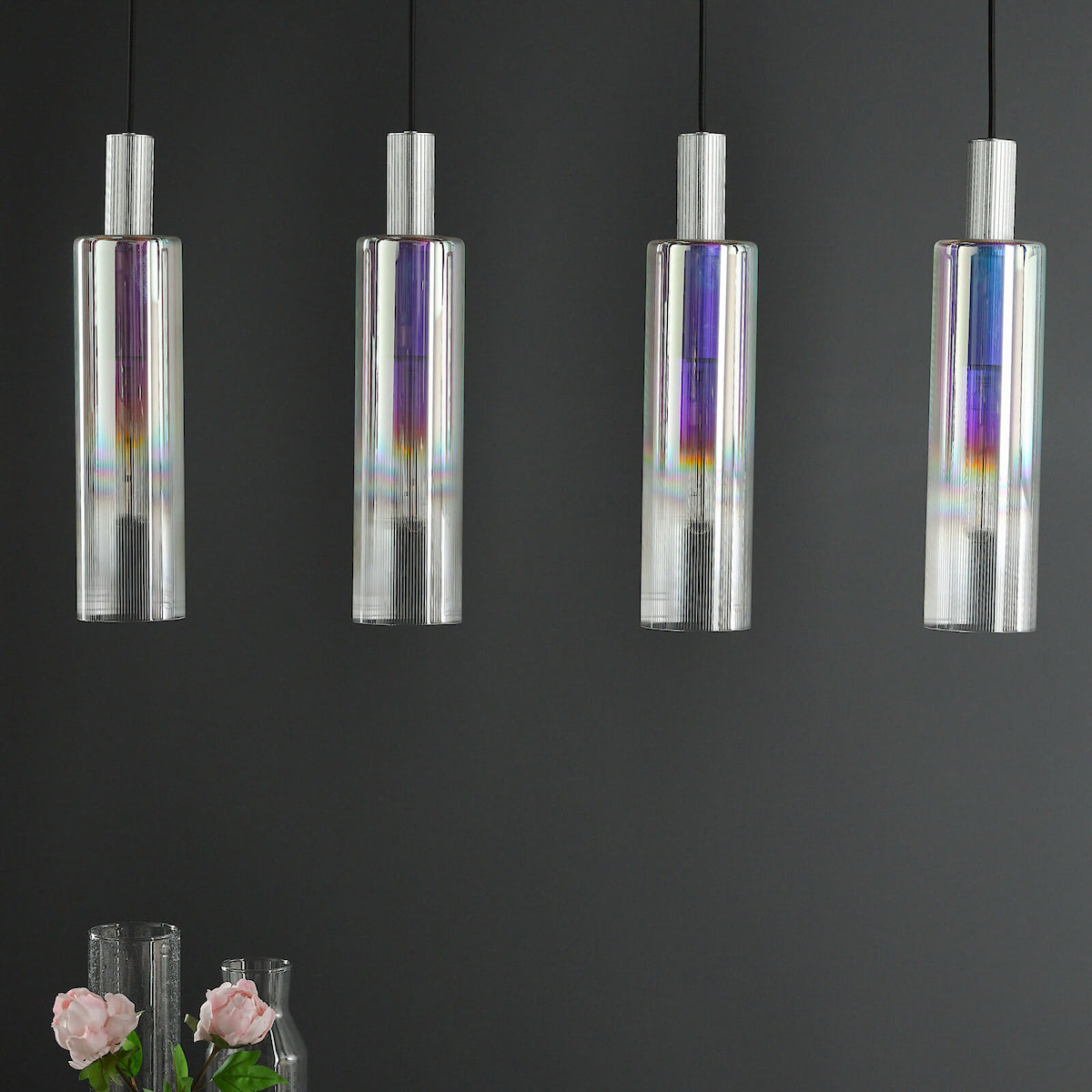 RUBEN 4LT BAR PENDANT SILVER IRIDISED RIBBED GLS
