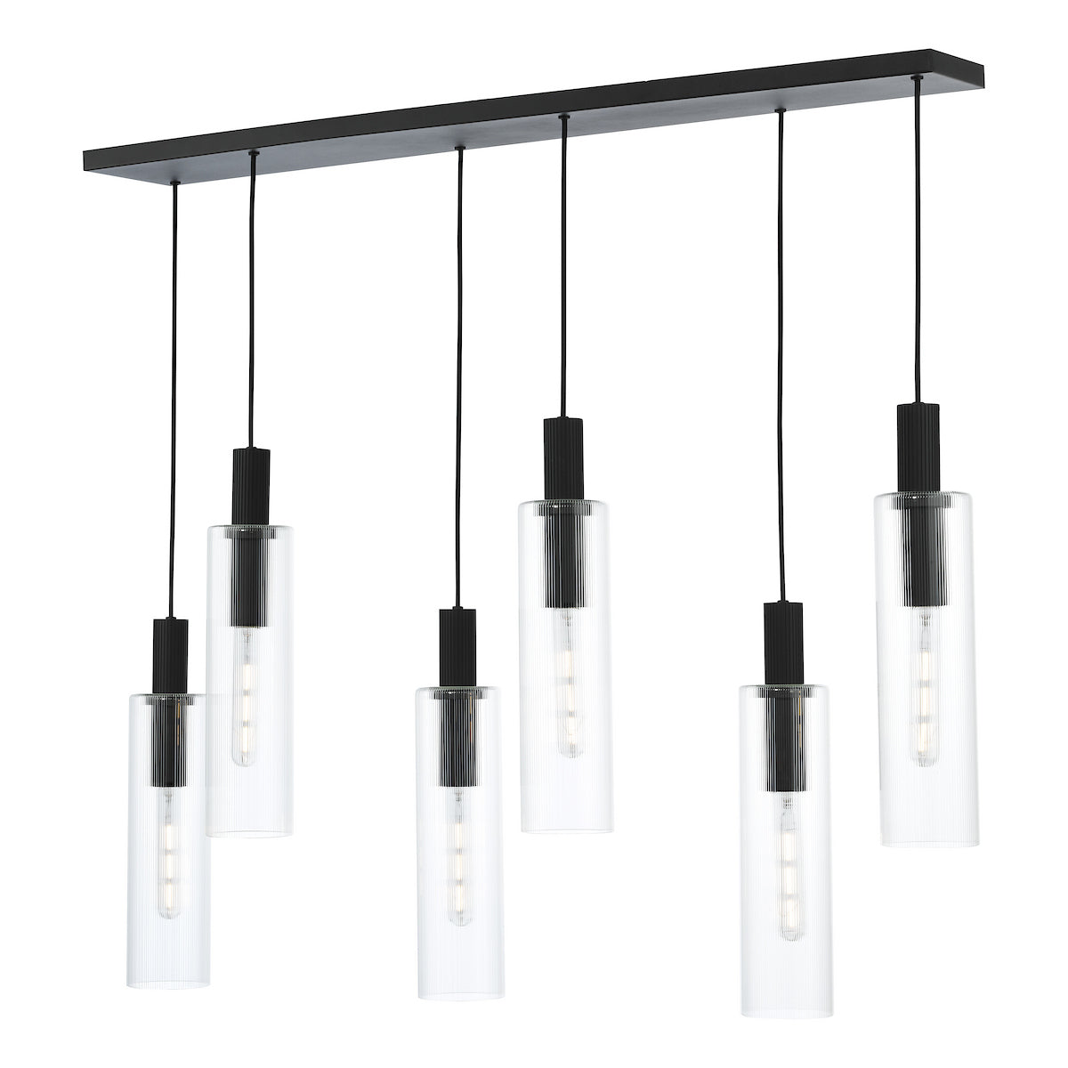 RUBEN 6LT BAR PENDANT BLACK CLEAR RIBBED GLS