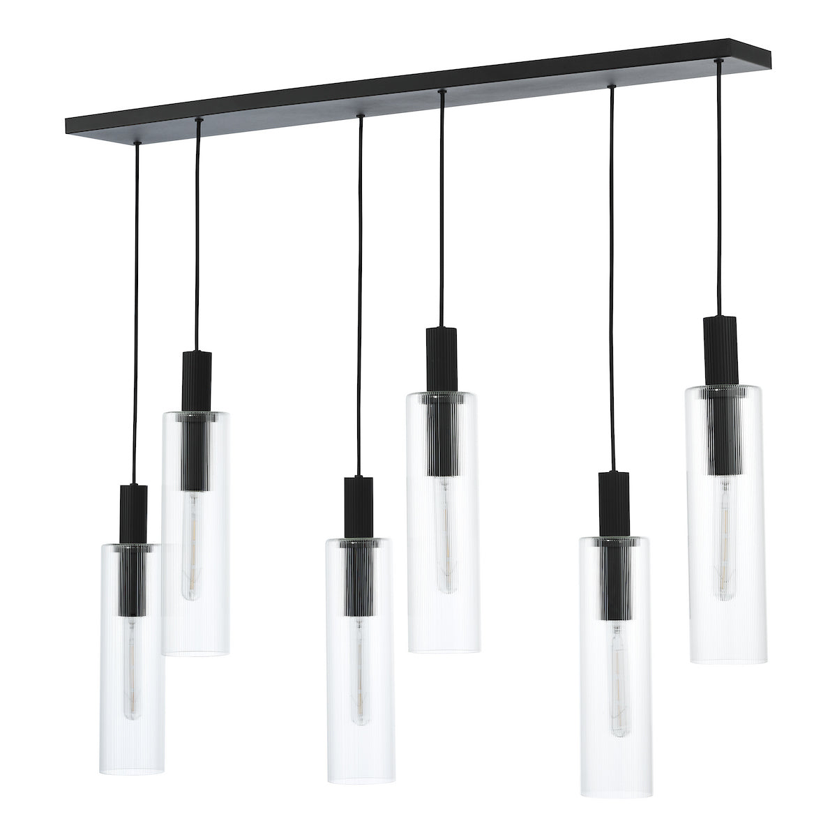 RUBEN 6LT BAR PENDANT BLACK CLEAR RIBBED GLS