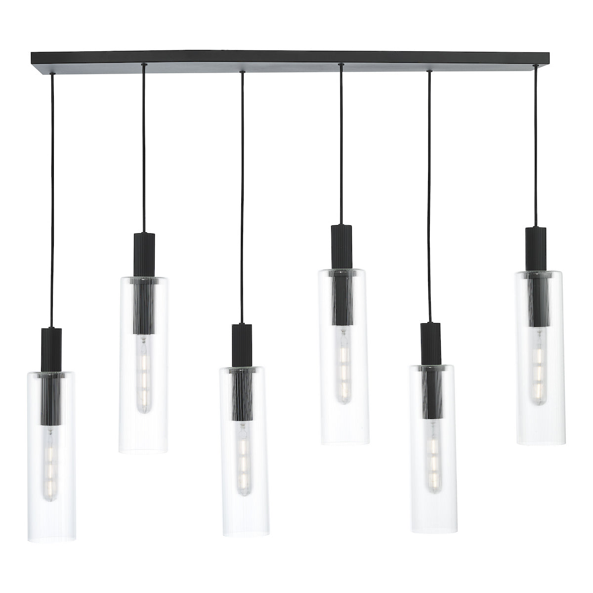 RUBEN 6LT BAR PENDANT BLACK CLEAR RIBBED GLS