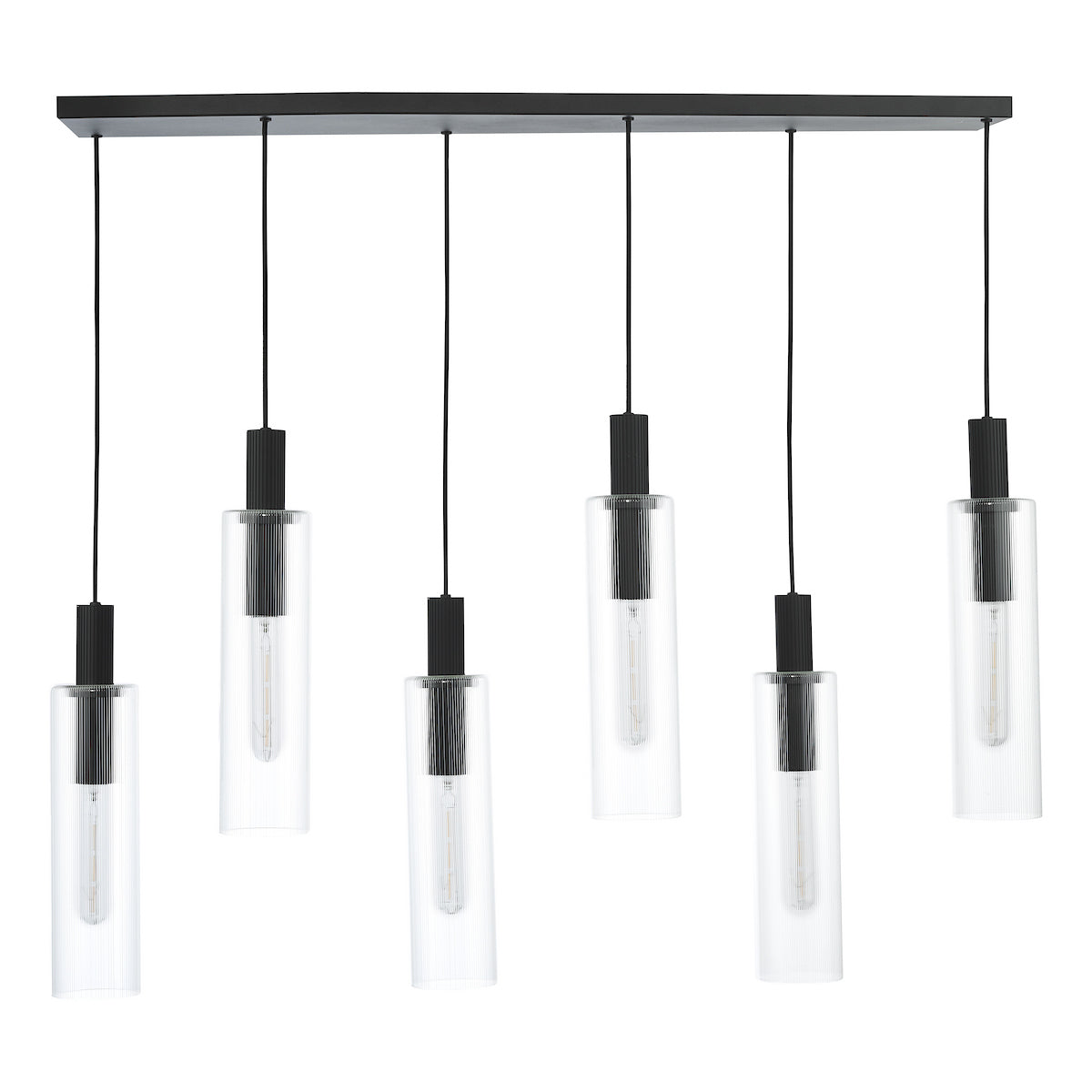 RUBEN 6LT BAR PENDANT BLACK CLEAR RIBBED GLS