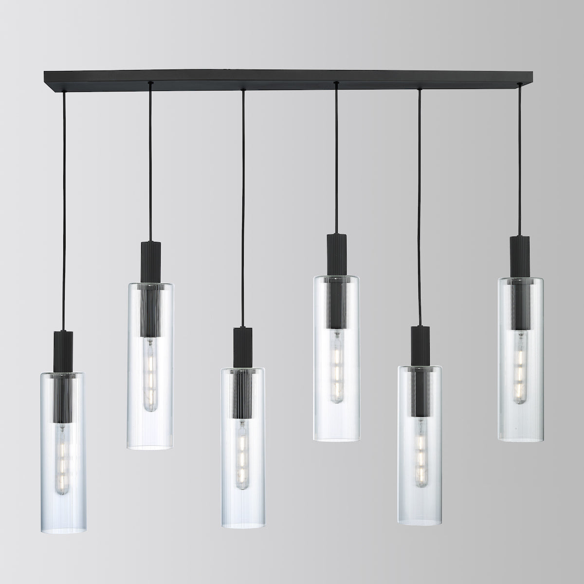 RUBEN 6LT BAR PENDANT BLACK CLEAR RIBBED GLS