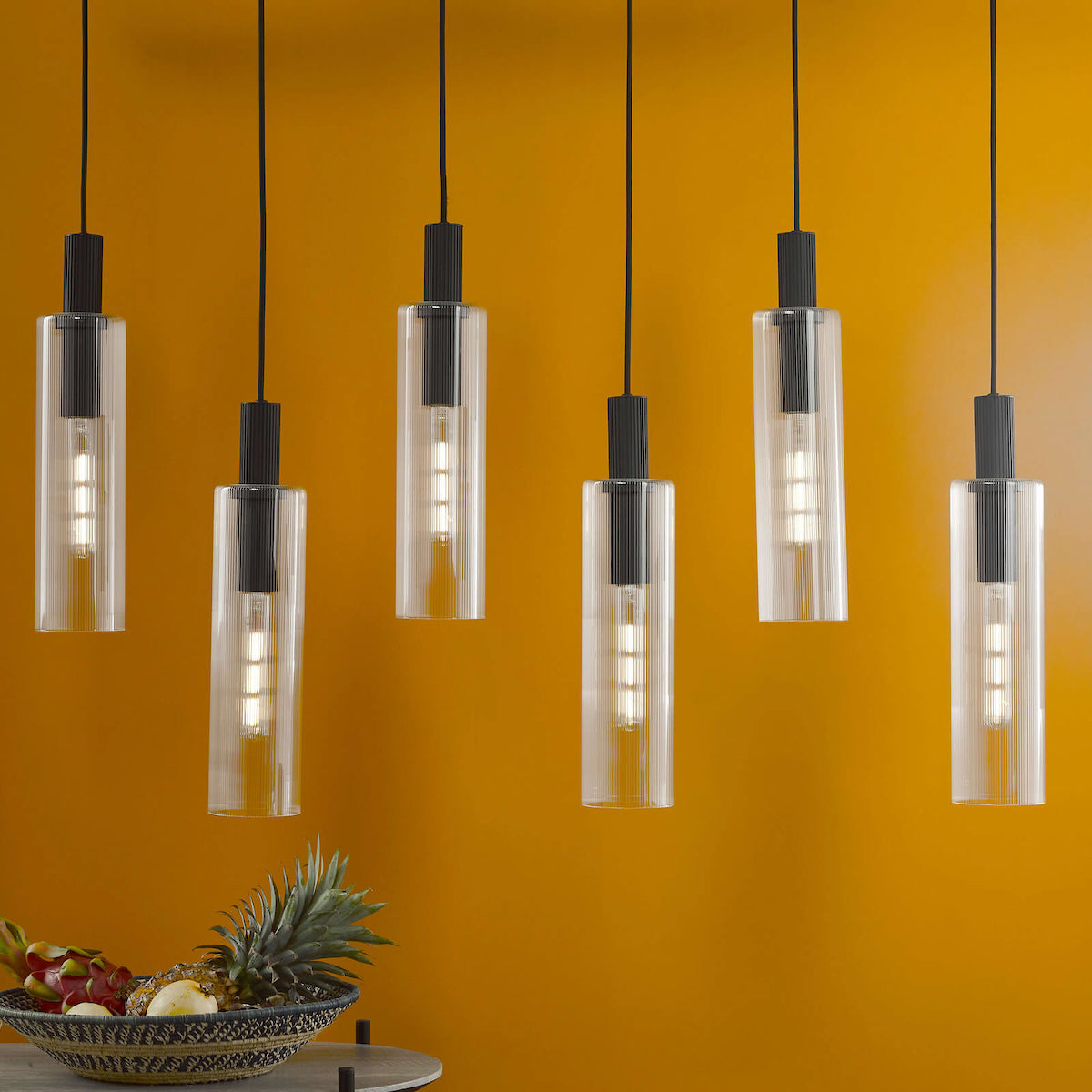 RUBEN 6LT BAR PENDANT BLACK CLEAR RIBBED GLS