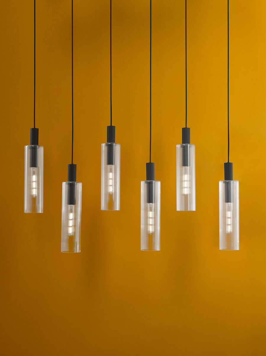 RUBEN 6LT BAR PENDANT BLACK CLEAR RIBBED GLS