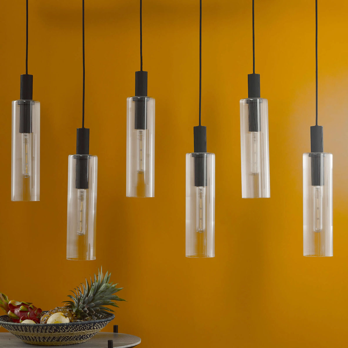 RUBEN 6LT BAR PENDANT BLACK CLEAR RIBBED GLS