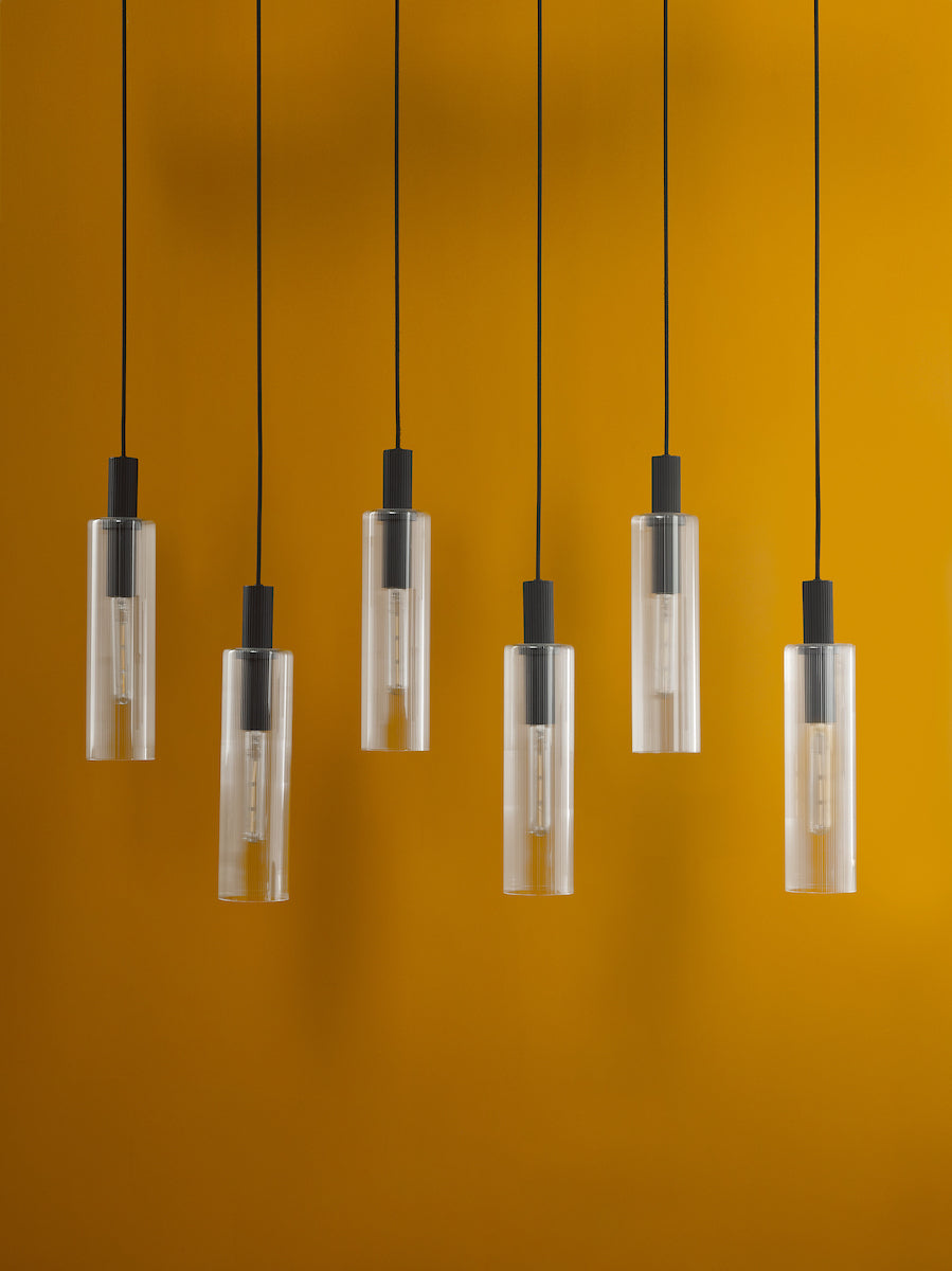 RUBEN 6LT BAR PENDANT BLACK CLEAR RIBBED GLS