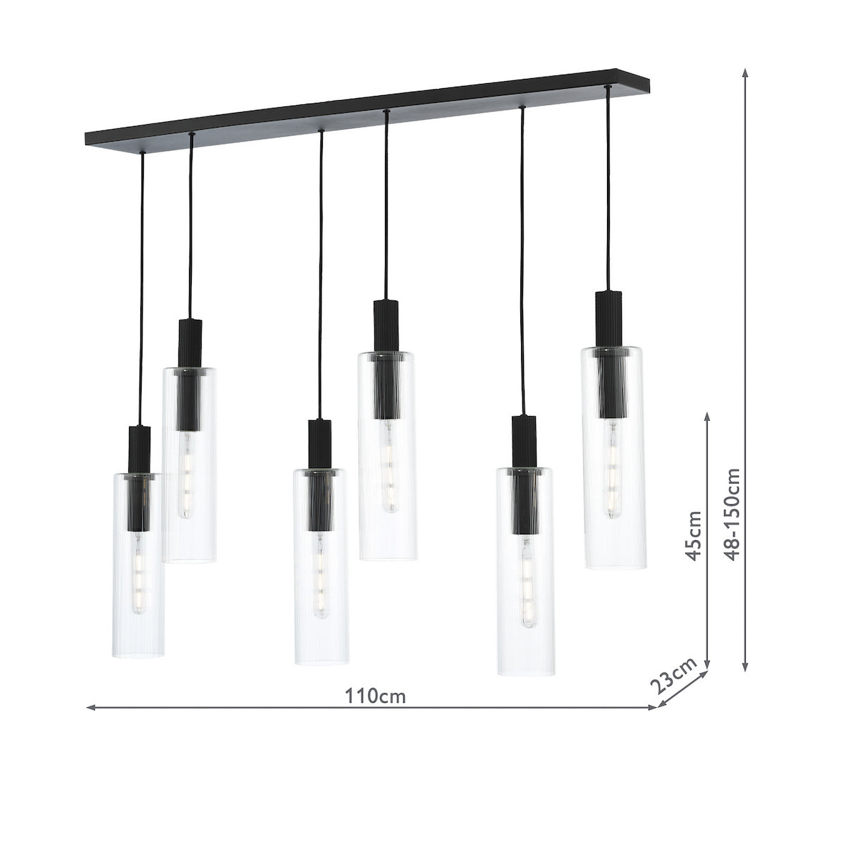 RUBEN 6LT BAR PENDANT BLACK CLEAR RIBBED GLS