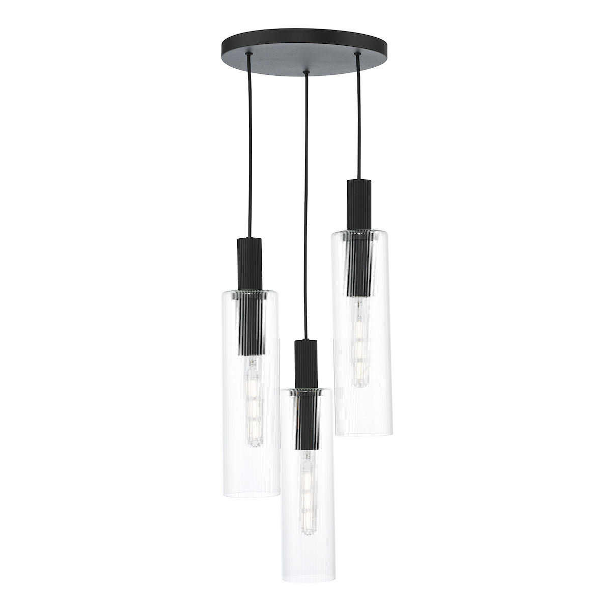 RUBEN 3LT CLUSTER PENDANT BLACK CLEAR RIBBED GLS