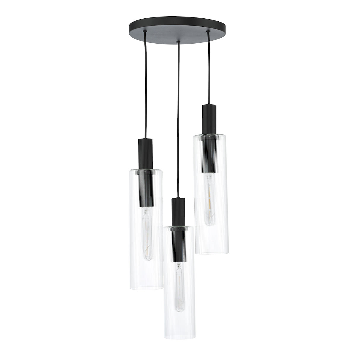 RUBEN 3LT CLUSTER PENDANT BLACK CLEAR RIBBED GLS