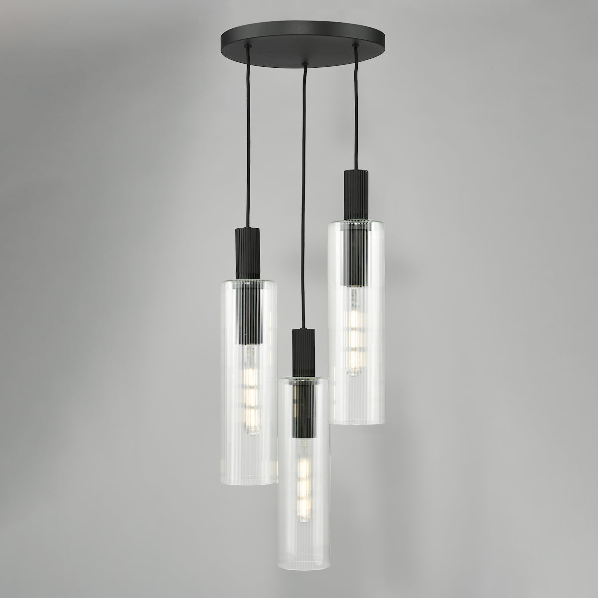 RUBEN 3LT CLUSTER PENDANT BLACK CLEAR RIBBED GLS