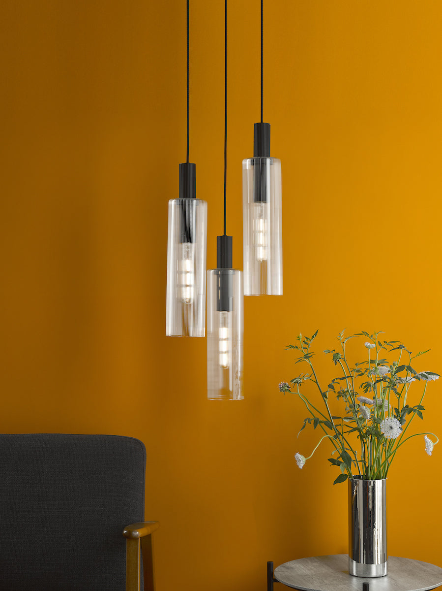 RUBEN 3LT CLUSTER PENDANT BLACK CLEAR RIBBED GLS