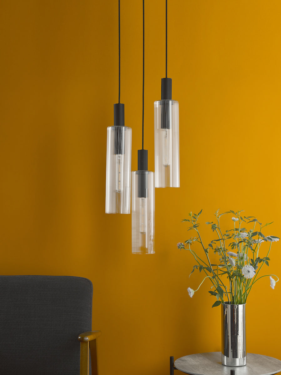 RUBEN 3LT CLUSTER PENDANT BLACK CLEAR RIBBED GLS