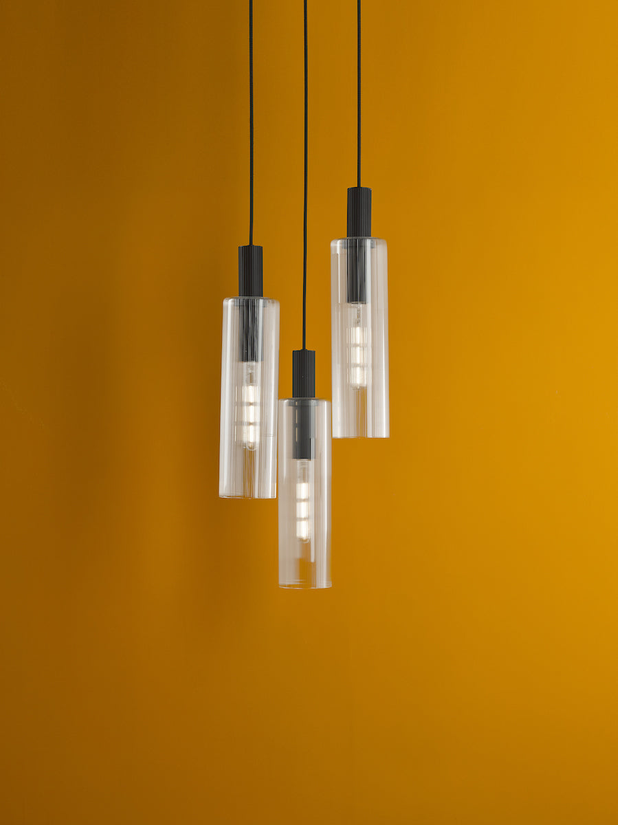RUBEN 3LT CLUSTER PENDANT BLACK CLEAR RIBBED GLS