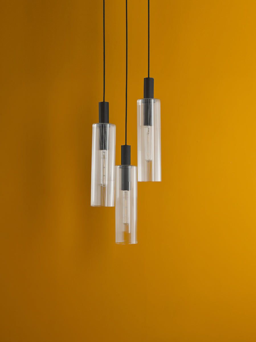 RUBEN 3LT CLUSTER PENDANT BLACK CLEAR RIBBED GLS