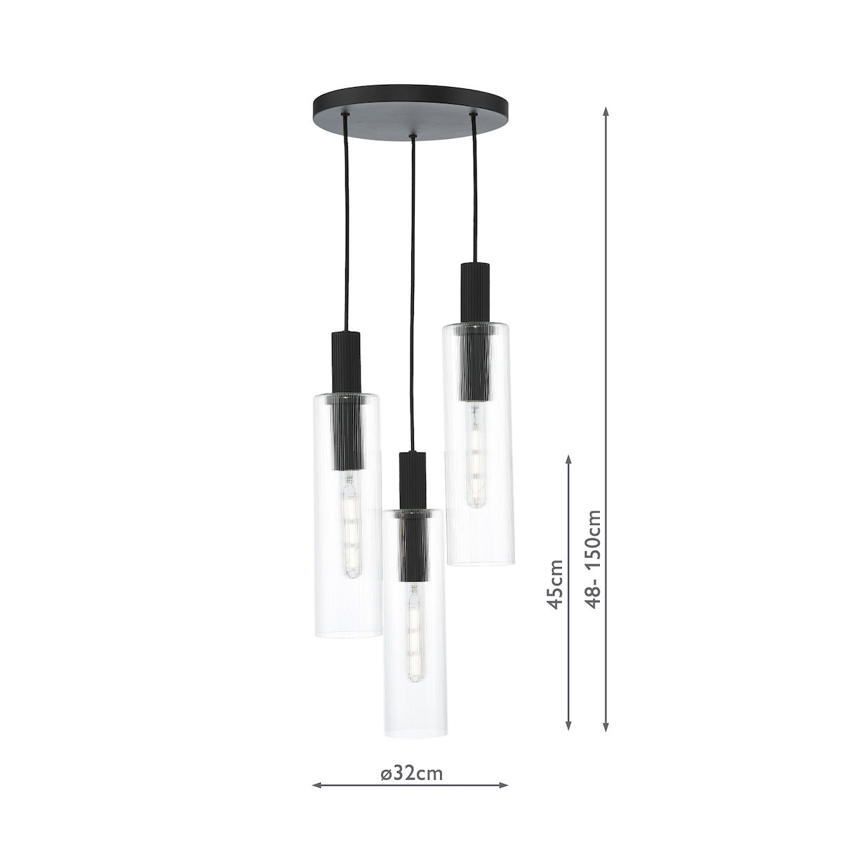 RUBEN 3LT CLUSTER PENDANT BLACK CLEAR RIBBED GLS