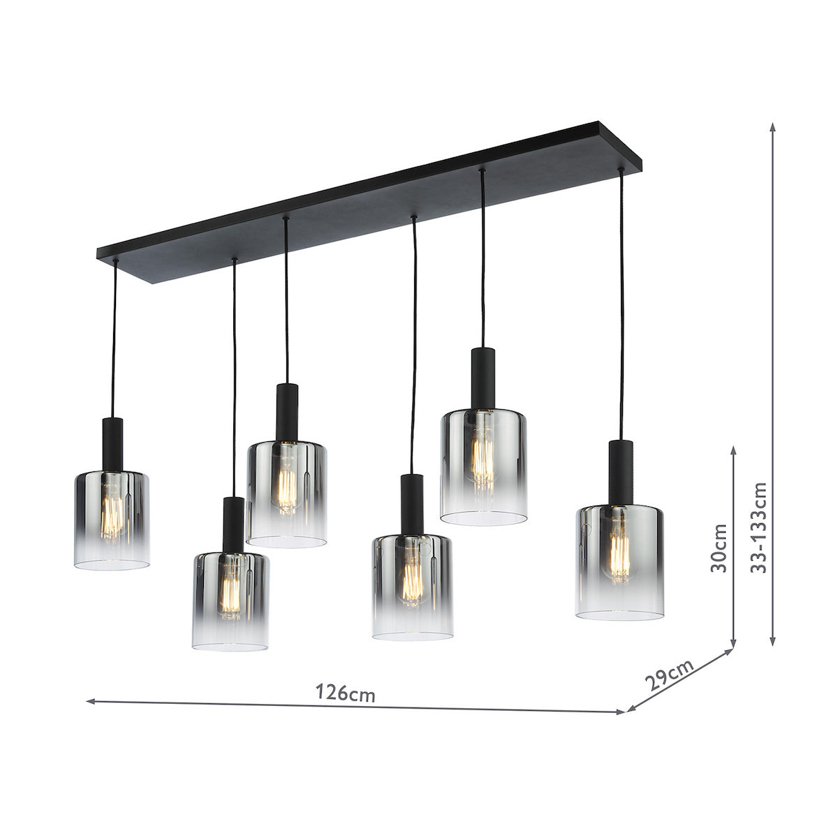 SAVANNAH 6LT BAR PENDANT BLACK SMOKED GLS