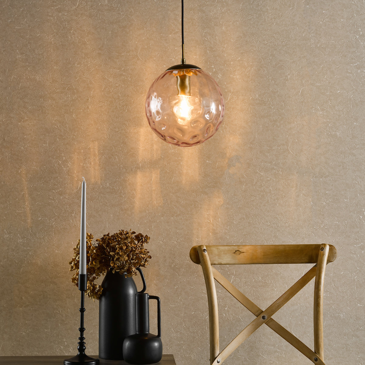 RIPPLE 1LT PENDANT BRONZE WITH PINK RIPPLE GLASS
