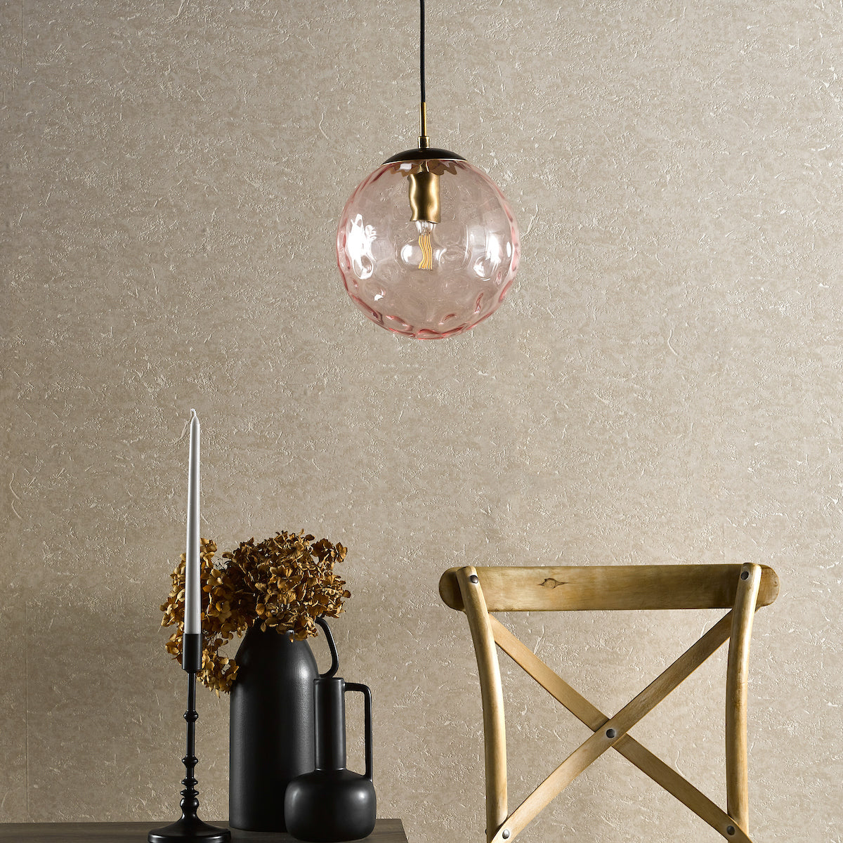 RIPPLE 1LT PENDANT BRONZE WITH PINK RIPPLE GLASS