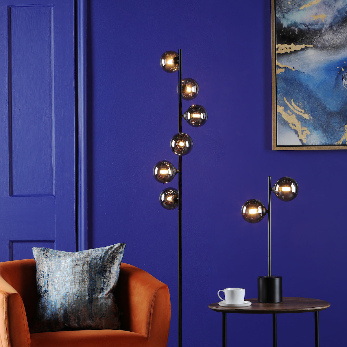SPIRAL 2LT TABLE LAMP BLACK CW SMOKED GLS