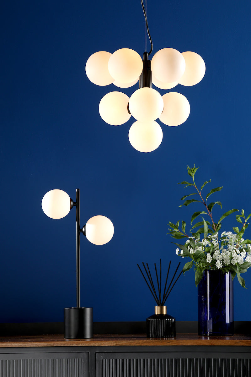 SPIRAL 2LT TABLE LAMP BLACK CW OPAL GLS