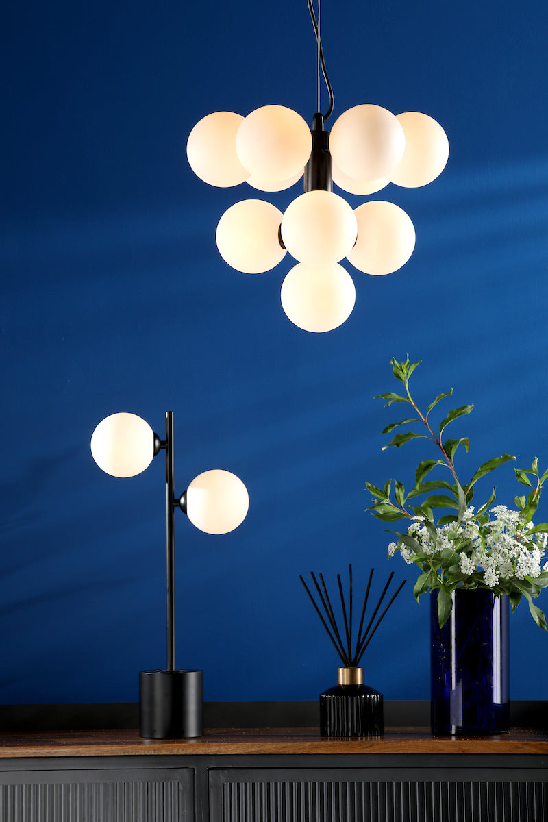 SPIRAL 2LT TABLE LAMP BLACK CW OPAL GLS