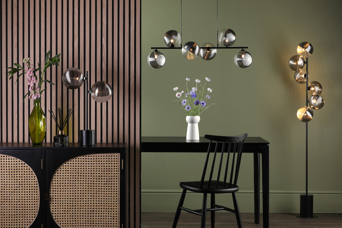 SPIRAL 2LT TABLE LAMP BLACK CW SMOKED/CLR GLS 150M