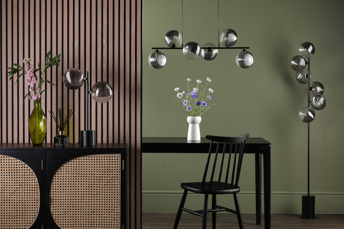 SPIRAL 2LT TABLE LAMP BLACK CW SMOKED/CLR GLS 150M